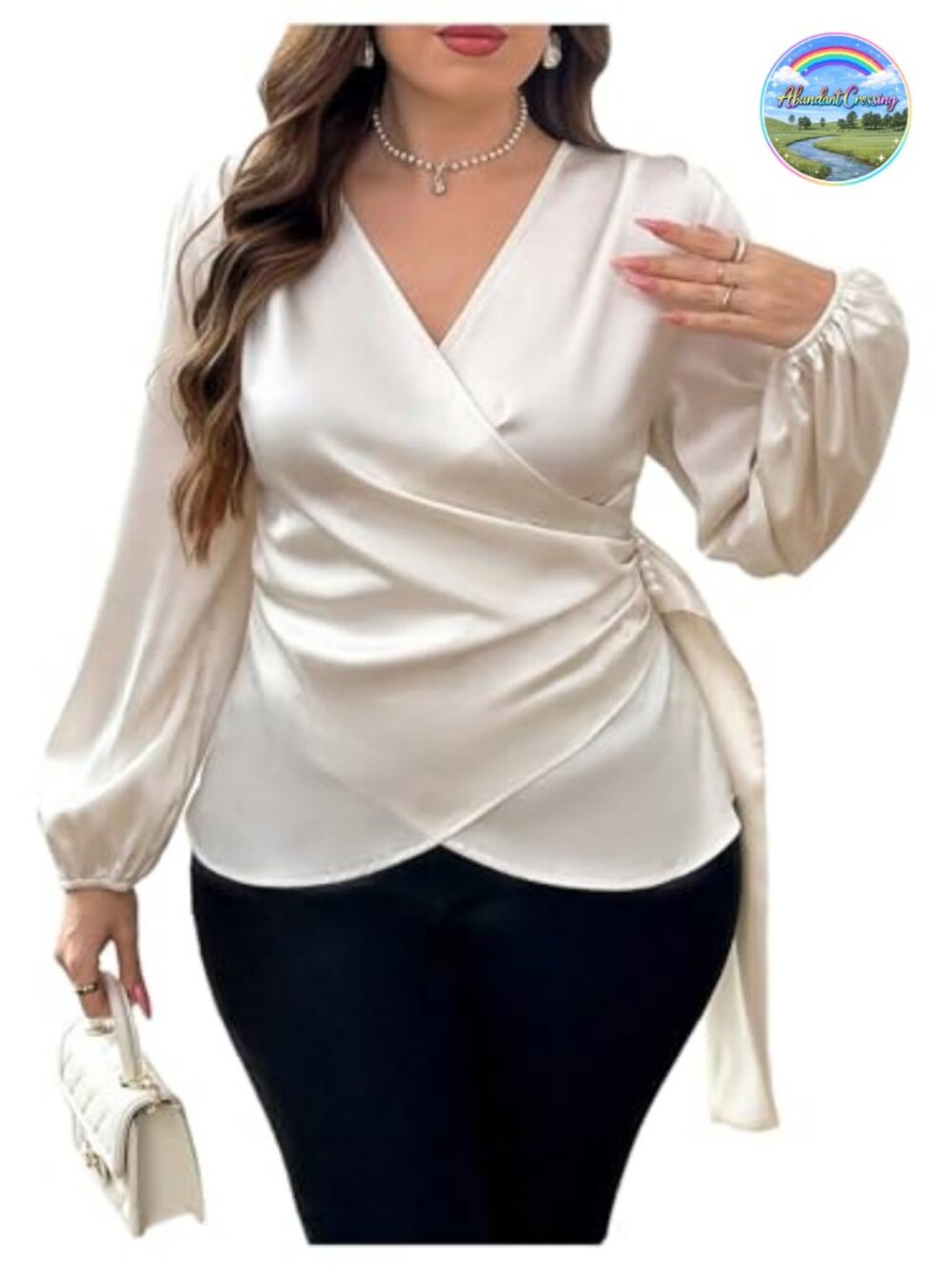 Plus Size Satin Asymmetrical Wrap Top Beaded V-Neck Long Sleeve Blouse